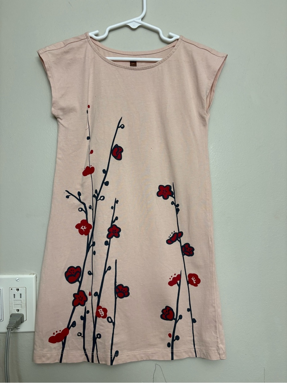 Tea Collection Pink Shift Dress with Red Floral Print